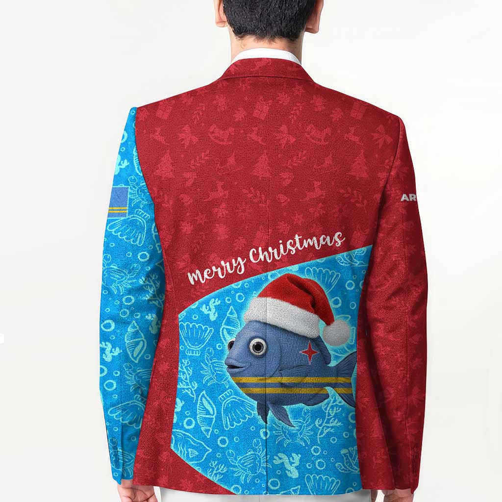 Aruba Christmas Blazer with Santa Fish Aruba Flag Ocean Icons and Red Blue Holiday Pattern Design - Wonder Print Shop