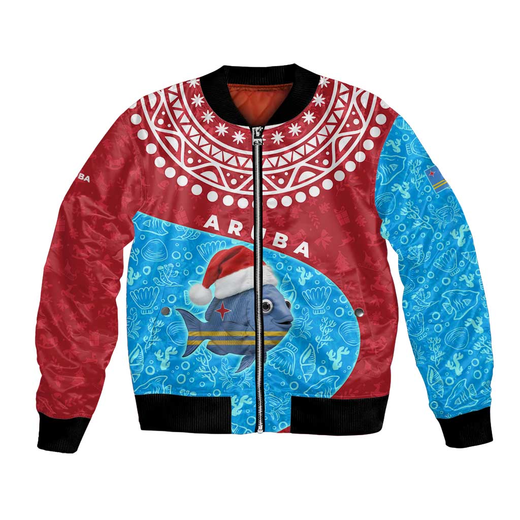 Aruba Christmas Bomber Jacket with Santa Fish Aruba Flag Ocean Icons and Red Blue Holiday Pattern Design - Wonder Print Shop