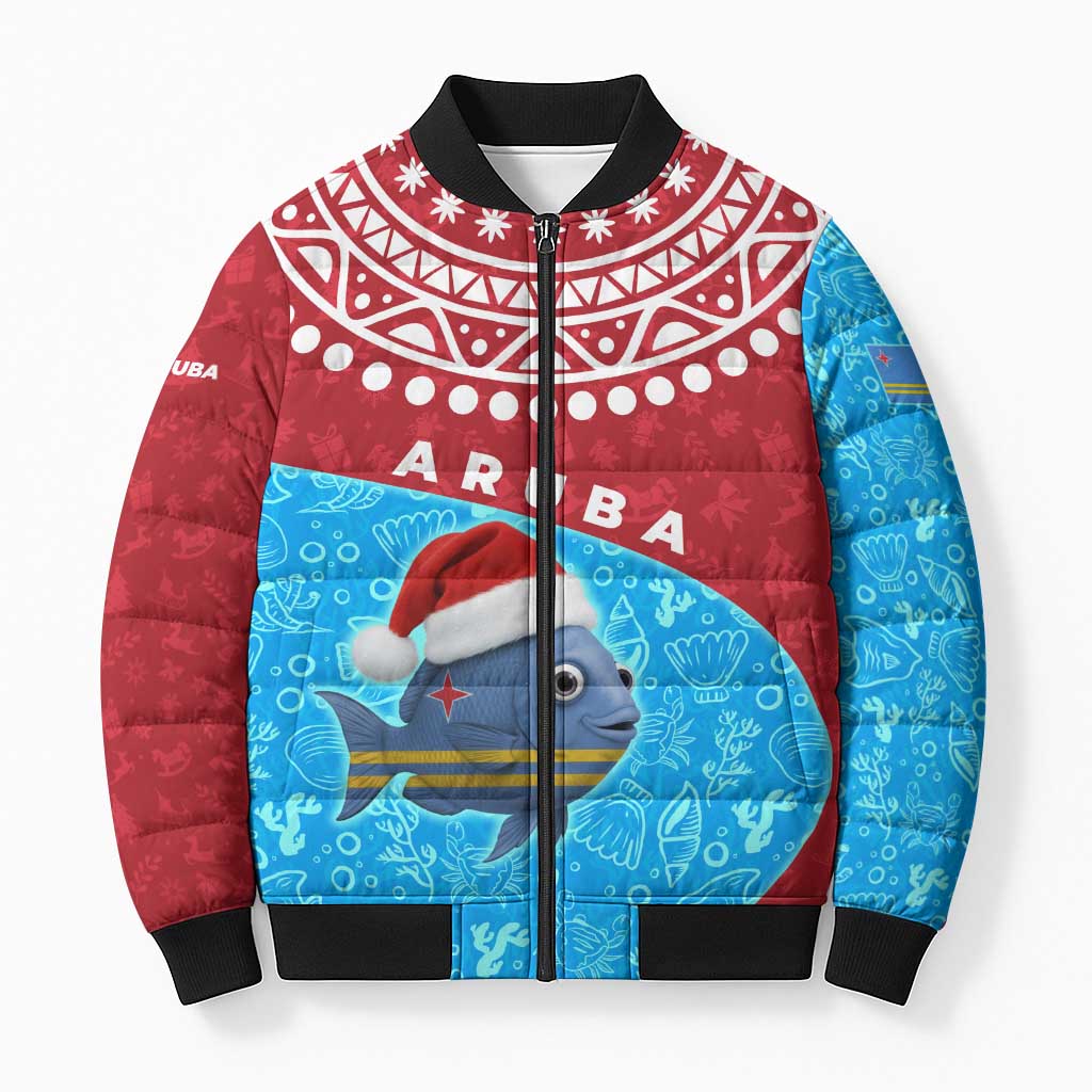 Aruba Christmas Bomber Puffer Jacket with Santa Fish Aruba Flag Ocean Icons and Red Blue Holiday Pattern Design - Wonder Print Shop