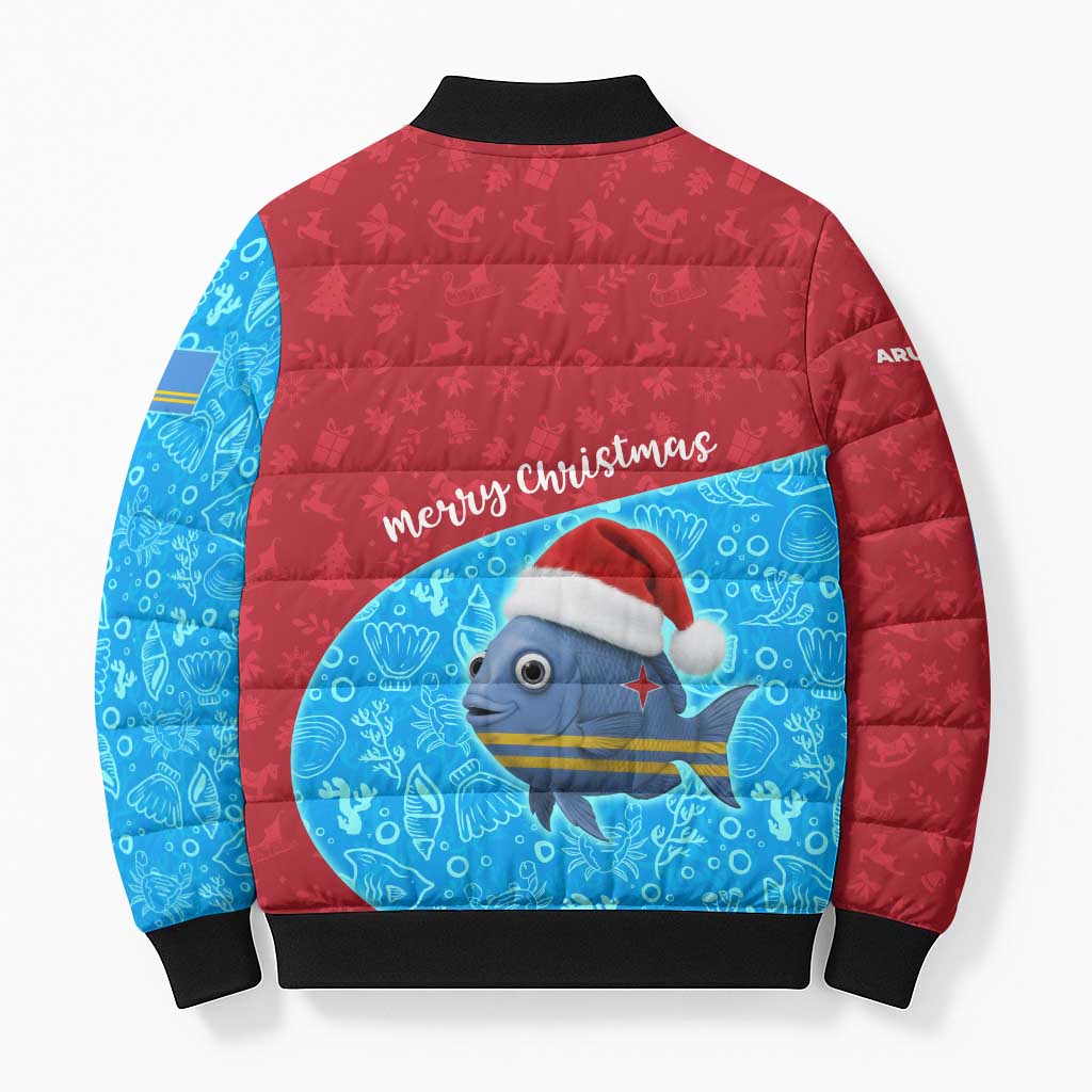 Aruba Christmas Bomber Puffer Jacket with Santa Fish Aruba Flag Ocean Icons and Red Blue Holiday Pattern Design - Wonder Print Shop