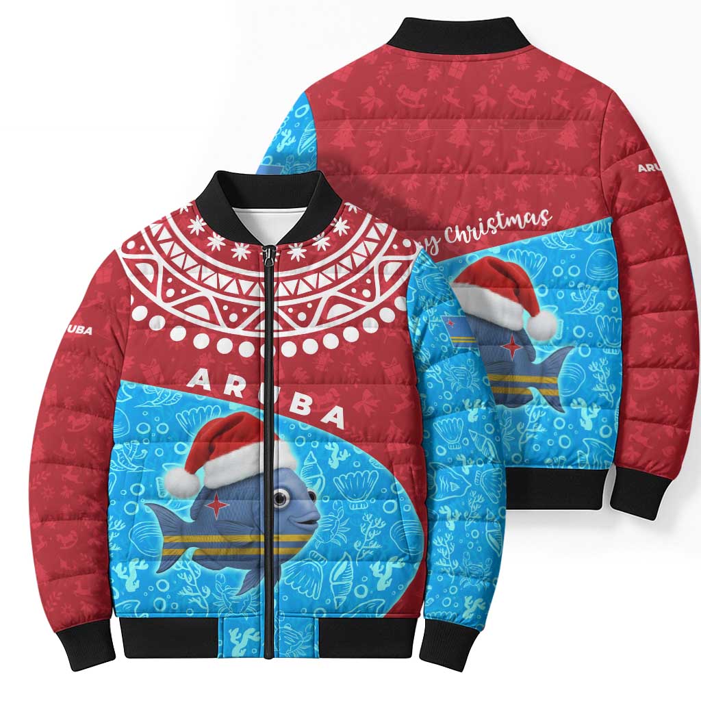 Aruba Christmas Bomber Puffer Jacket with Santa Fish Aruba Flag Ocean Icons and Red Blue Holiday Pattern Design - Wonder Print Shop