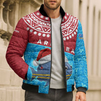 Aruba Christmas Bomber Puffer Jacket with Santa Fish Aruba Flag Ocean Icons and Red Blue Holiday Pattern Design - Wonder Print Shop