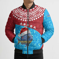 Aruba Christmas Bomber Puffer Jacket with Santa Fish Aruba Flag Ocean Icons and Red Blue Holiday Pattern Design - Wonder Print Shop