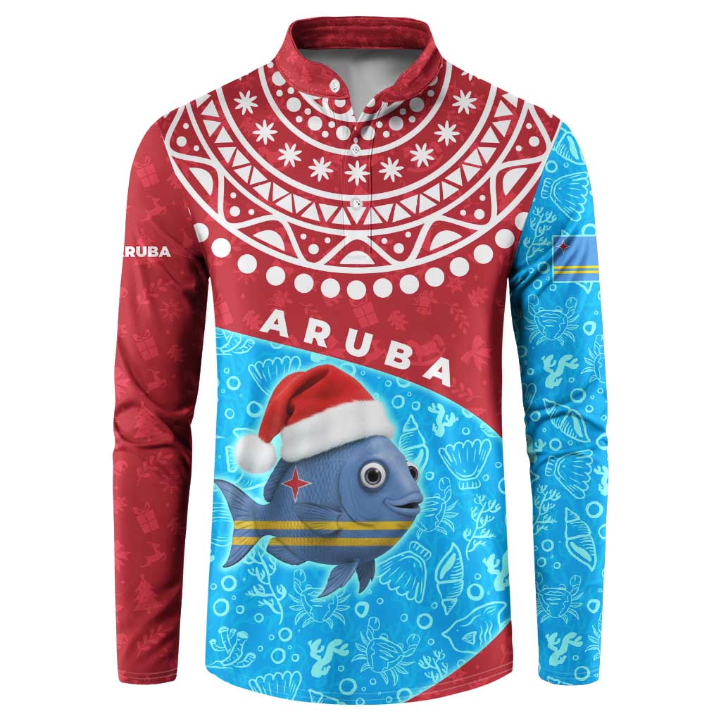 Aruba Christmas Button Sweatshirt with Santa Fish Aruba Flag Ocean Icons and Red Blue Holiday Pattern Design - Wonder Print Shop