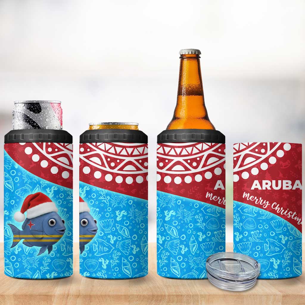 Aruba Christmas 4 in 1 Can Cooler Tumbler with Santa Fish Aruba Flag Ocean Icons and Red Blue Holiday Pattern Design - Wonder Print Shop