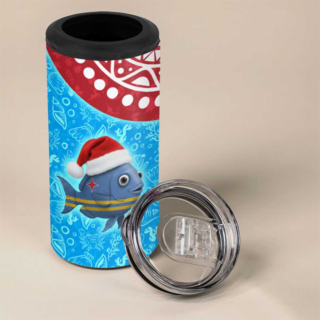 Aruba Christmas 4 in 1 Can Cooler Tumbler with Santa Fish Aruba Flag Ocean Icons and Red Blue Holiday Pattern Design - Wonder Print Shop