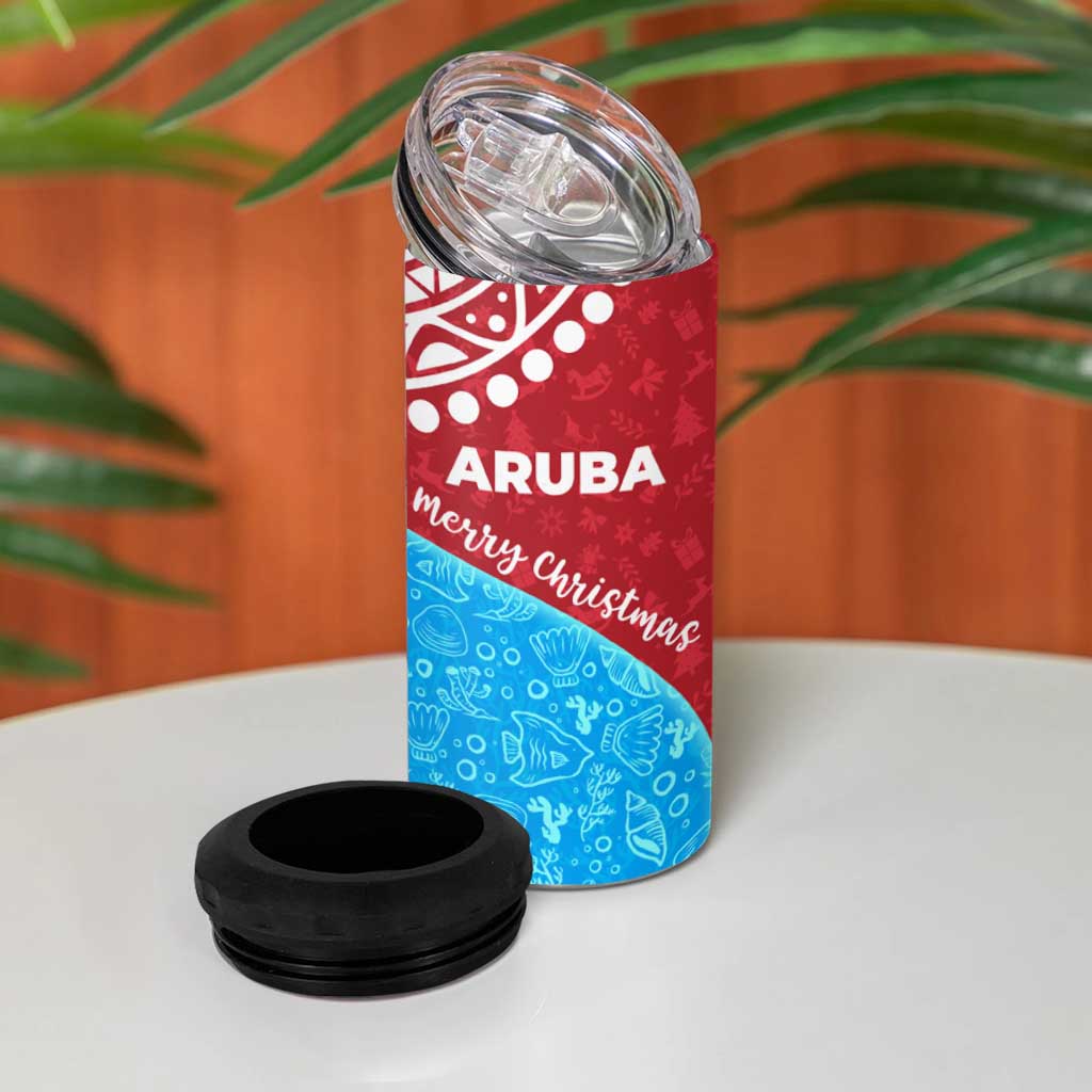 Aruba Christmas 4 in 1 Can Cooler Tumbler with Santa Fish Aruba Flag Ocean Icons and Red Blue Holiday Pattern Design - Wonder Print Shop