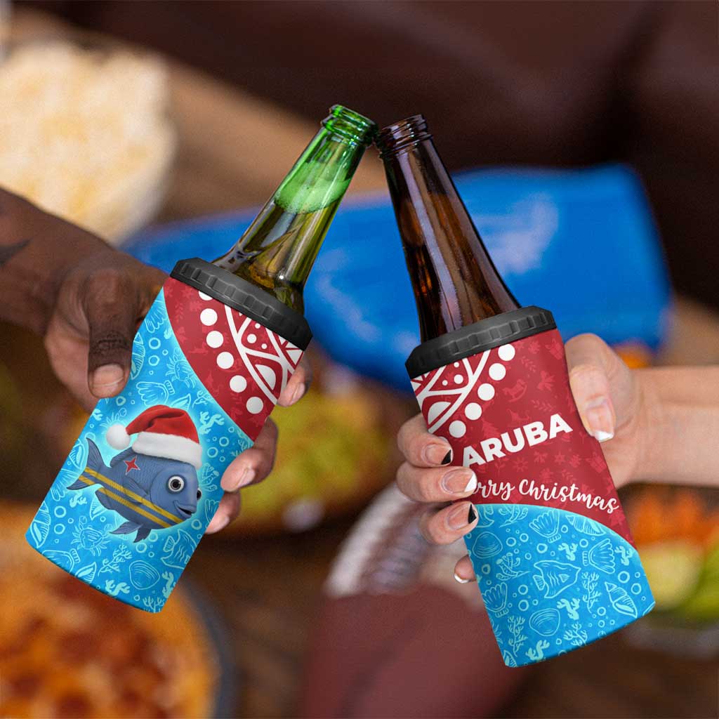 Aruba Christmas 4 in 1 Can Cooler Tumbler with Santa Fish Aruba Flag Ocean Icons and Red Blue Holiday Pattern Design - Wonder Print Shop