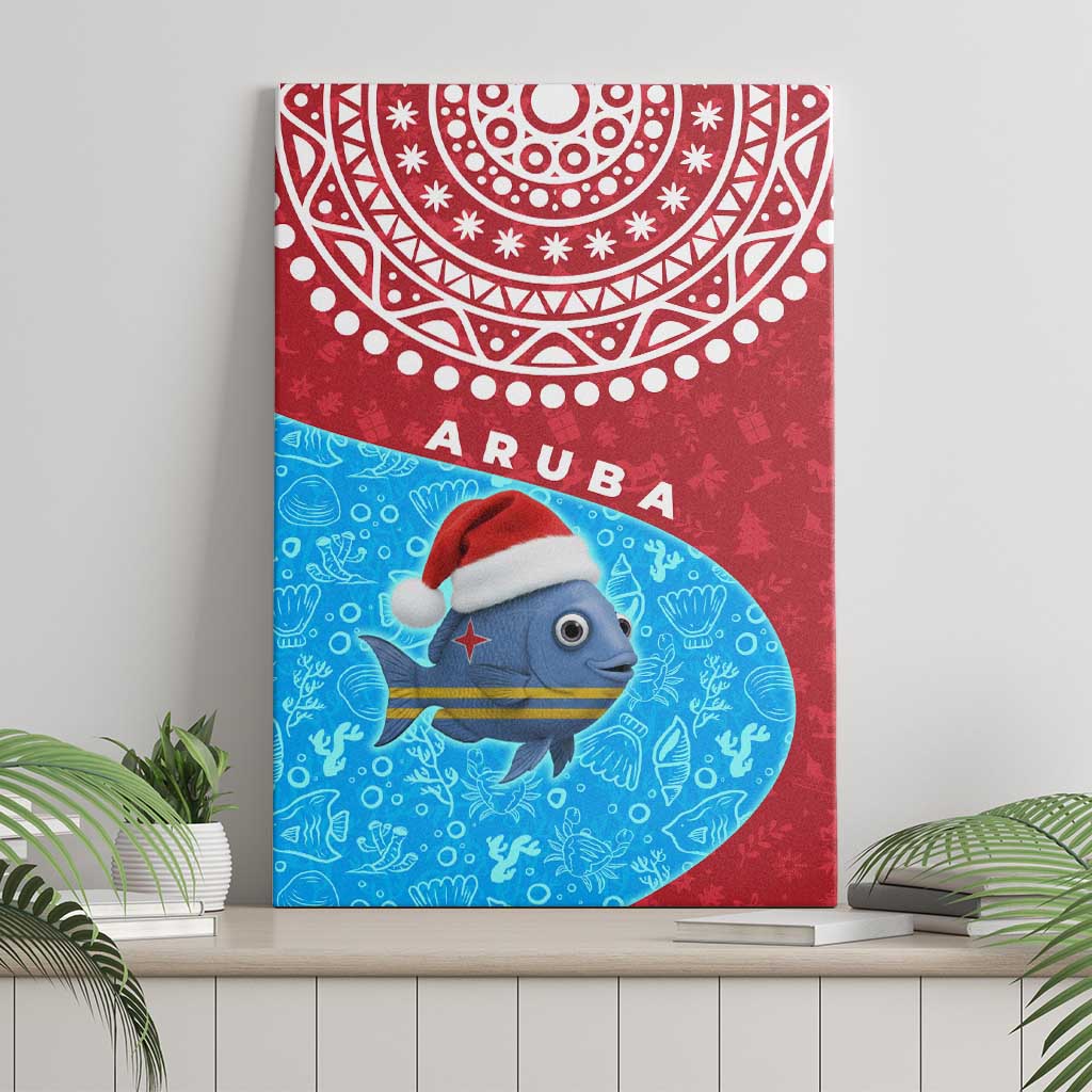 Aruba Christmas Canvas Wall Art with Santa Fish Aruba Flag Ocean Icons and Red Blue Holiday Pattern Design - Wonder Print Shop