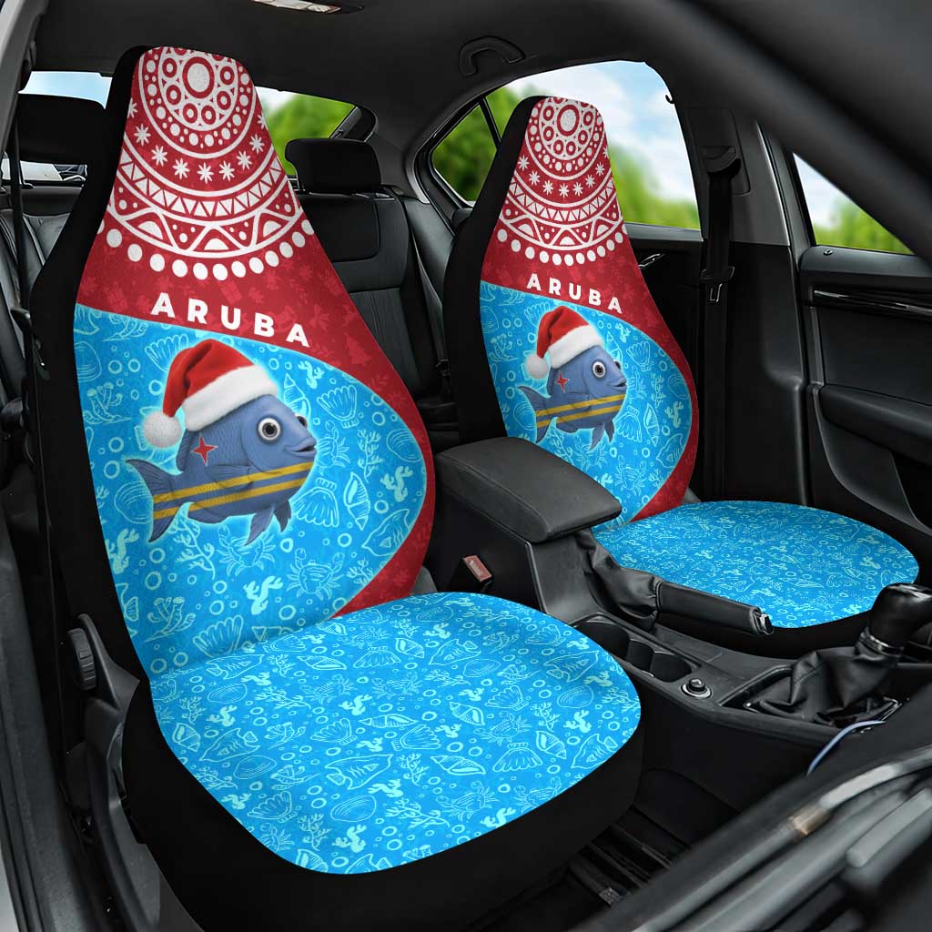 Aruba Christmas Car Seat Cover with Santa Fish Aruba Flag Ocean Icons and Red Blue Holiday Pattern Design - Wonder Print Shop