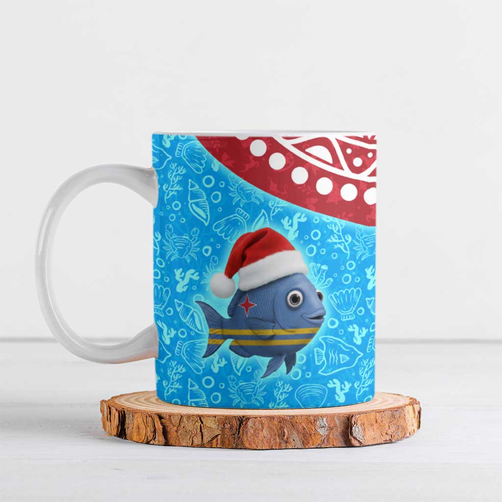 Aruba Christmas Ceramic Mug with Santa Fish Aruba Flag Ocean Icons and Red Blue Holiday Pattern Design - Wonder Print Shop