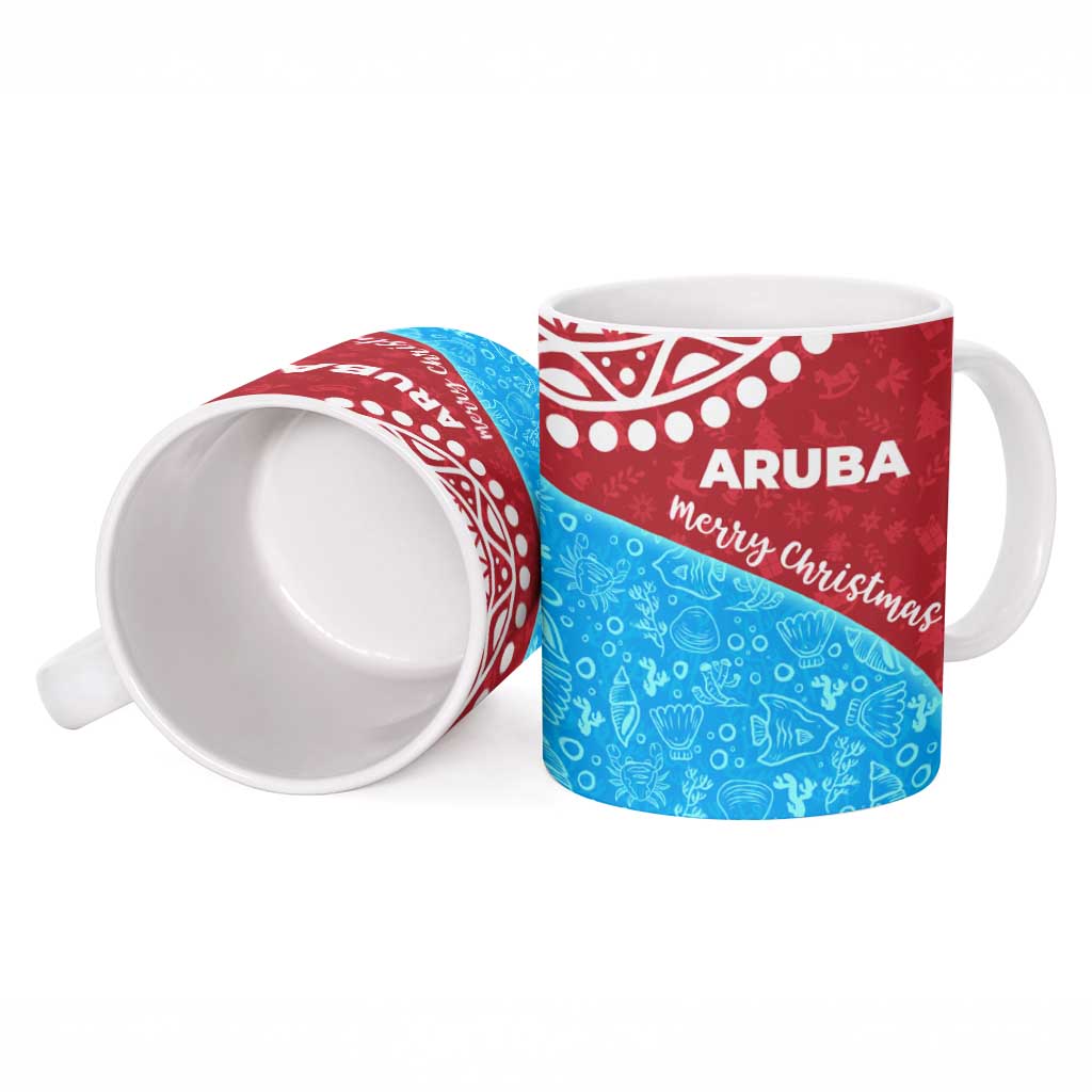 Aruba Christmas Ceramic Mug with Santa Fish Aruba Flag Ocean Icons and Red Blue Holiday Pattern Design - Wonder Print Shop