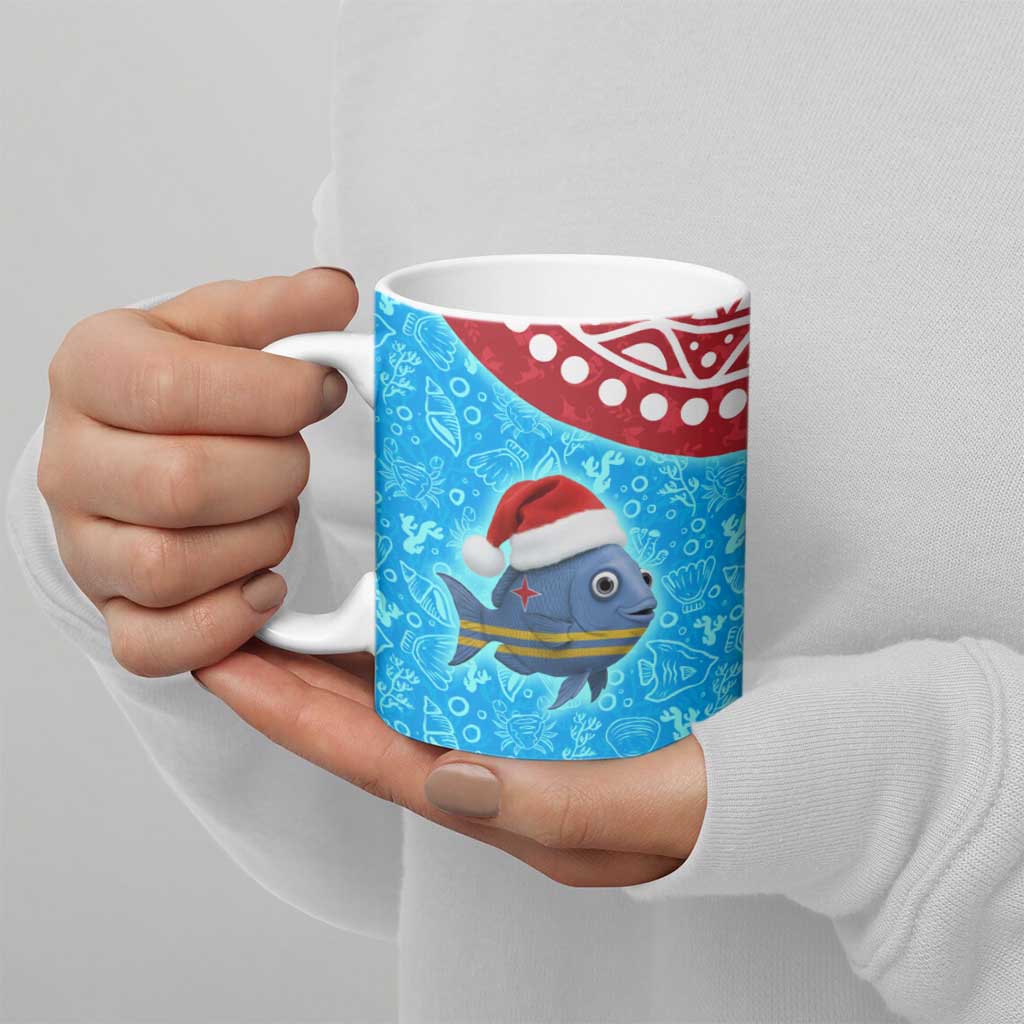 Aruba Christmas Ceramic Mug with Santa Fish Aruba Flag Ocean Icons and Red Blue Holiday Pattern Design - Wonder Print Shop
