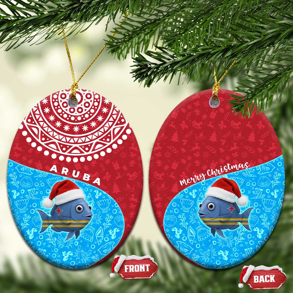 Aruba Christmas Ceramic Ornament with Santa Fish Aruba Flag Ocean Icons and Red Blue Holiday Pattern Design - Wonder Print Shop