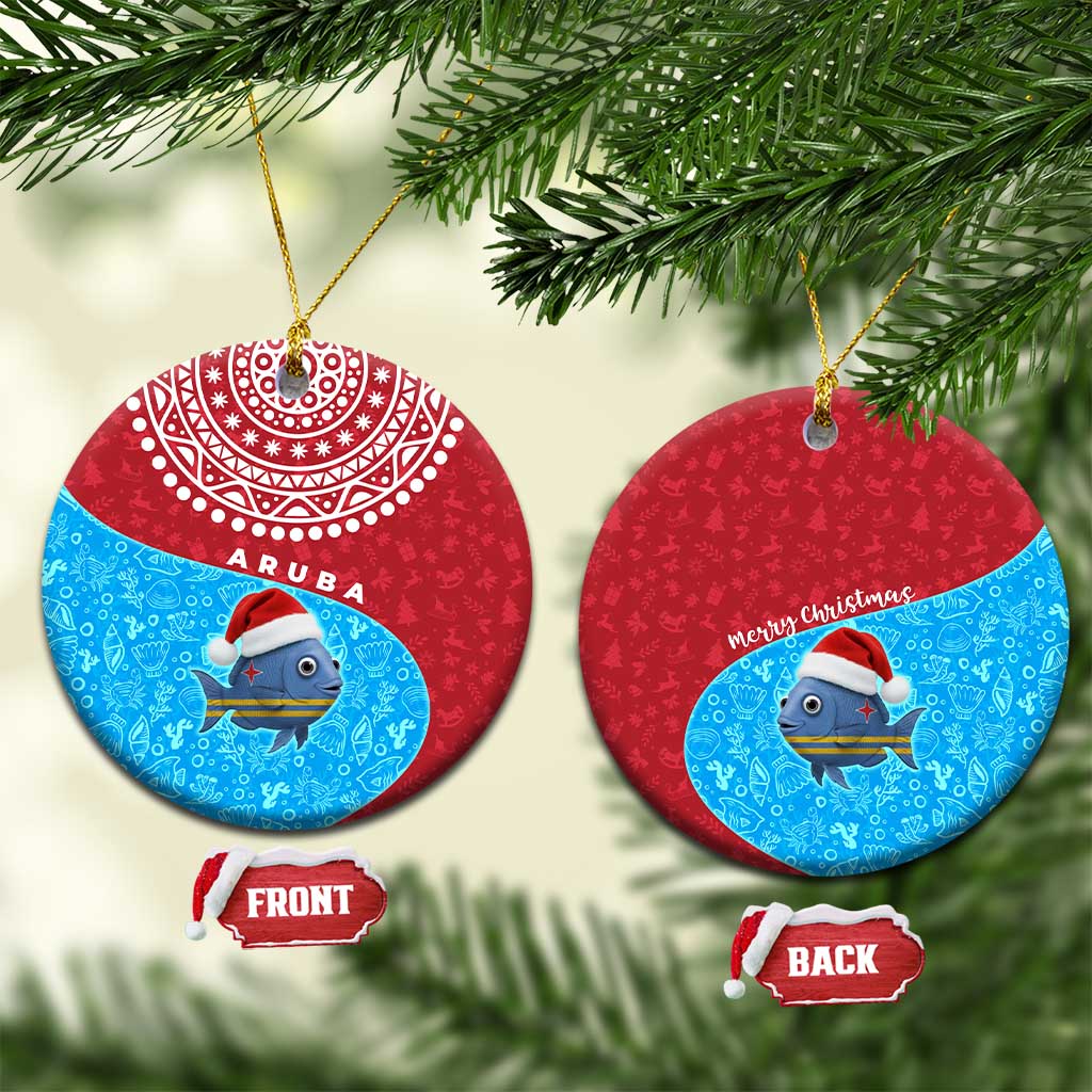 Aruba Christmas Ceramic Ornament with Santa Fish Aruba Flag Ocean Icons and Red Blue Holiday Pattern Design - Wonder Print Shop