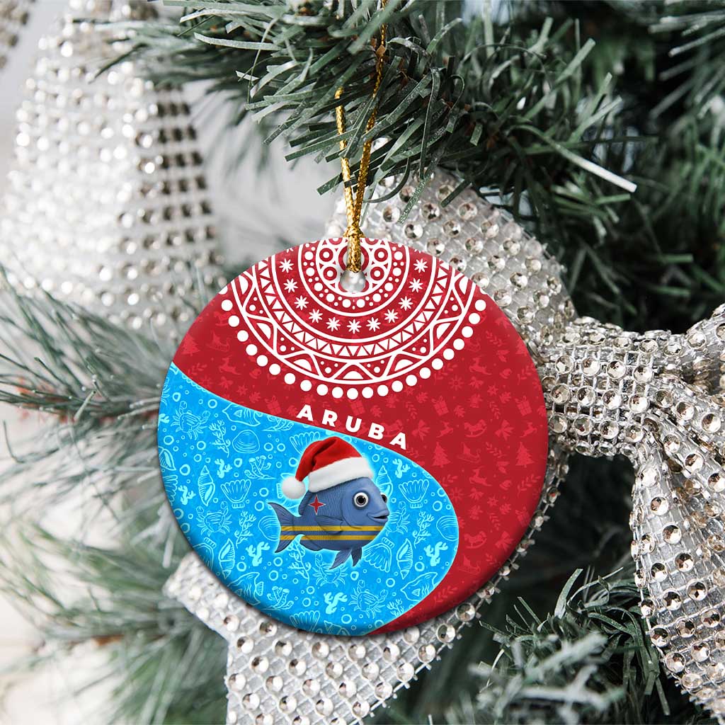 Aruba Christmas Ceramic Ornament with Santa Fish Aruba Flag Ocean Icons and Red Blue Holiday Pattern Design - Wonder Print Shop