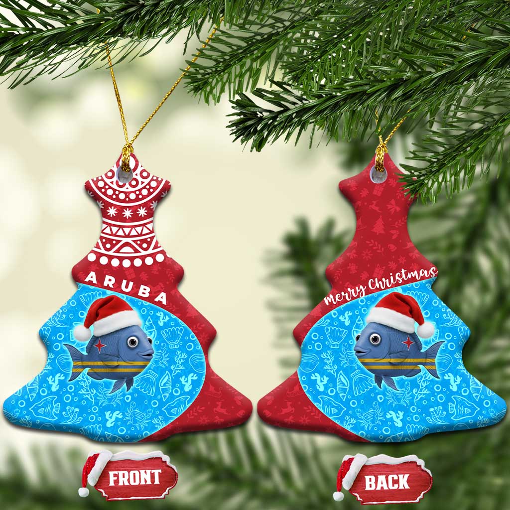 Aruba Christmas Ceramic Ornament with Santa Fish Aruba Flag Ocean Icons and Red Blue Holiday Pattern Design - Wonder Print Shop