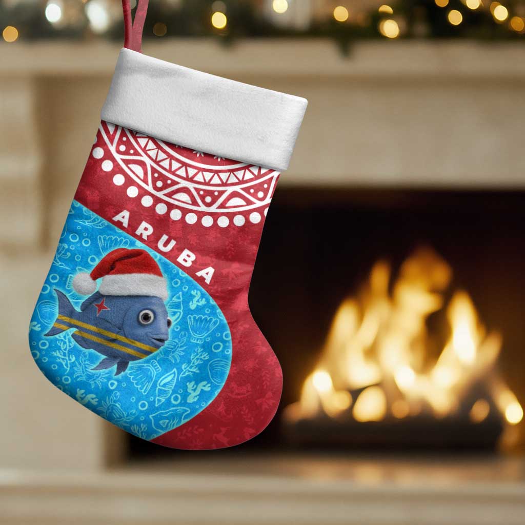 Aruba Christmas Stocking with Santa Fish Aruba Flag Ocean Icons and Red Blue Holiday Pattern Design - Wonder Print Shop