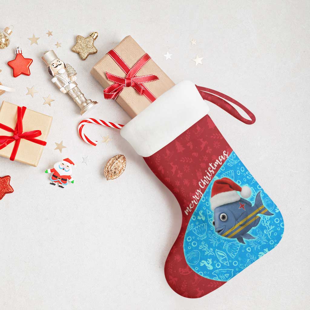 Aruba Christmas Stocking with Santa Fish Aruba Flag Ocean Icons and Red Blue Holiday Pattern Design - Wonder Print Shop