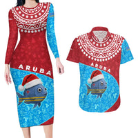 Aruba Christmas Couples Matching Long Sleeve Bodycon Dress and Hawaiian Shirt with Santa Fish Aruba Flag Ocean Icons and Red Blue Holiday Pattern Design - Wonder Print Shop