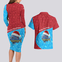 Aruba Christmas Couples Matching Long Sleeve Bodycon Dress and Hawaiian Shirt with Santa Fish Aruba Flag Ocean Icons and Red Blue Holiday Pattern Design - Wonder Print Shop