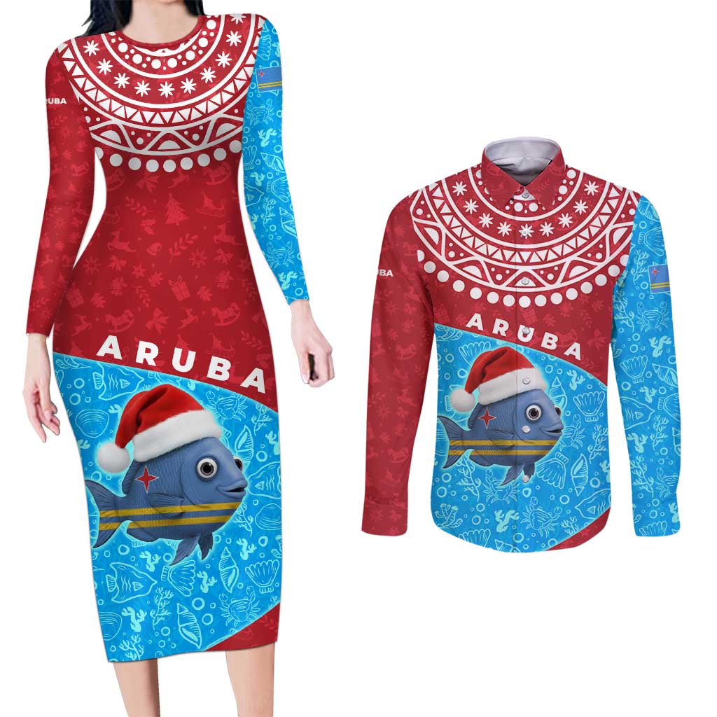 Aruba Christmas Couples Matching Long Sleeve Bodycon Dress and Long Sleeve Button Shirt with Santa Fish Aruba Flag Ocean Icons and Red Blue Holiday Pattern Design - Wonder Print Shop