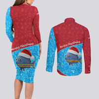 Aruba Christmas Couples Matching Long Sleeve Bodycon Dress and Long Sleeve Button Shirt with Santa Fish Aruba Flag Ocean Icons and Red Blue Holiday Pattern Design - Wonder Print Shop