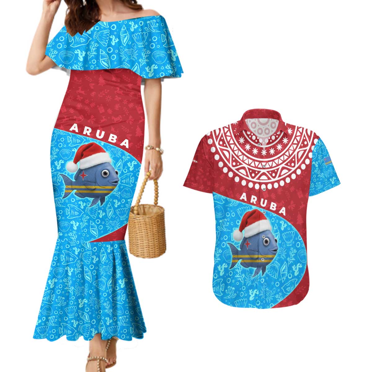 Aruba Christmas Couples Matching Mermaid Dress and Hawaiian Shirt with Santa Fish Aruba Flag Ocean Icons and Red Blue Holiday Pattern Design - Wonder Print Shop