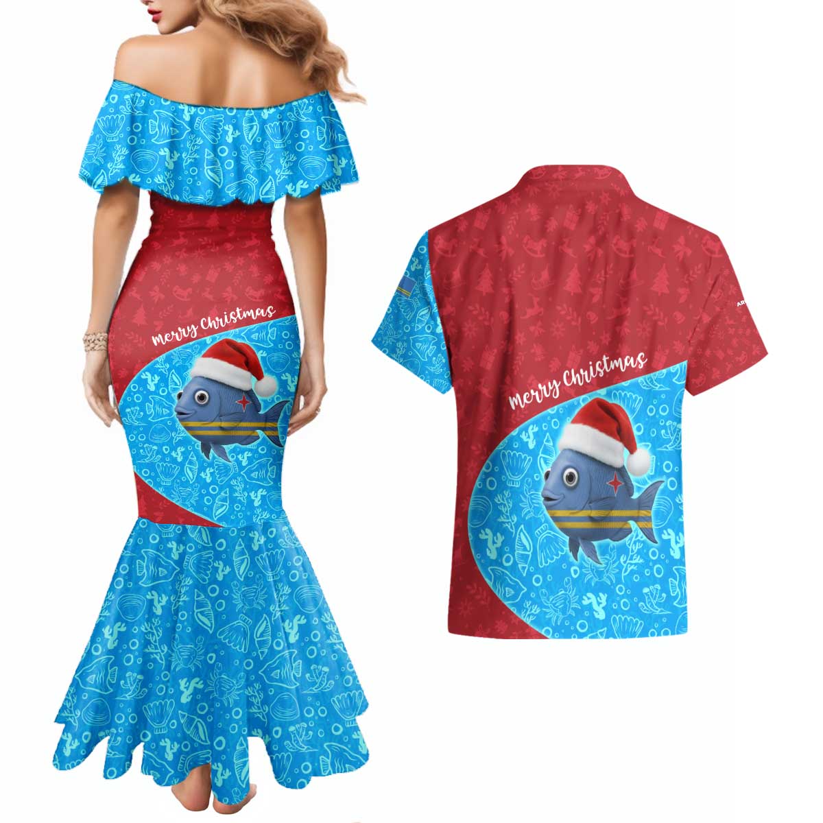 Aruba Christmas Couples Matching Mermaid Dress and Hawaiian Shirt with Santa Fish Aruba Flag Ocean Icons and Red Blue Holiday Pattern Design - Wonder Print Shop
