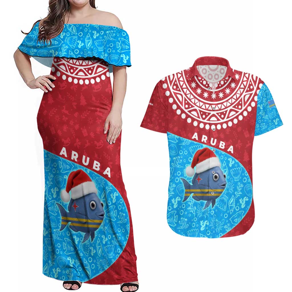 Aruba Christmas Couples Matching Off Shoulder Maxi Dress and Hawaiian Shirt with Santa Fish Aruba Flag Ocean Icons and Red Blue Holiday Pattern Design - Wonder Print Shop