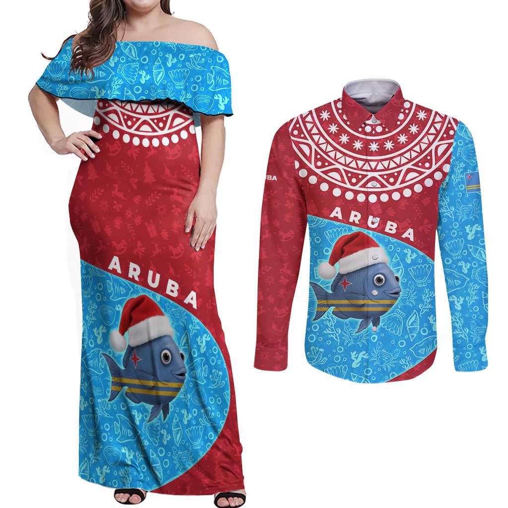 Aruba Christmas Couples Matching Off Shoulder Maxi Dress and Long Sleeve Button Shirt with Santa Fish Aruba Flag Ocean Icons and Red Blue Holiday Pattern Design - Wonder Print Shop
