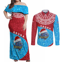 Aruba Christmas Couples Matching Off Shoulder Maxi Dress and Long Sleeve Button Shirt with Santa Fish Aruba Flag Ocean Icons and Red Blue Holiday Pattern Design - Wonder Print Shop