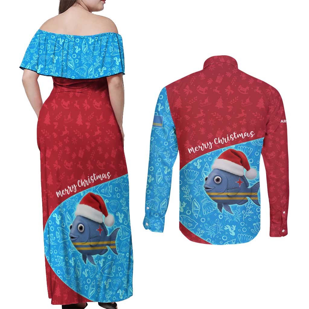 Aruba Christmas Couples Matching Off Shoulder Maxi Dress and Long Sleeve Button Shirt with Santa Fish Aruba Flag Ocean Icons and Red Blue Holiday Pattern Design - Wonder Print Shop