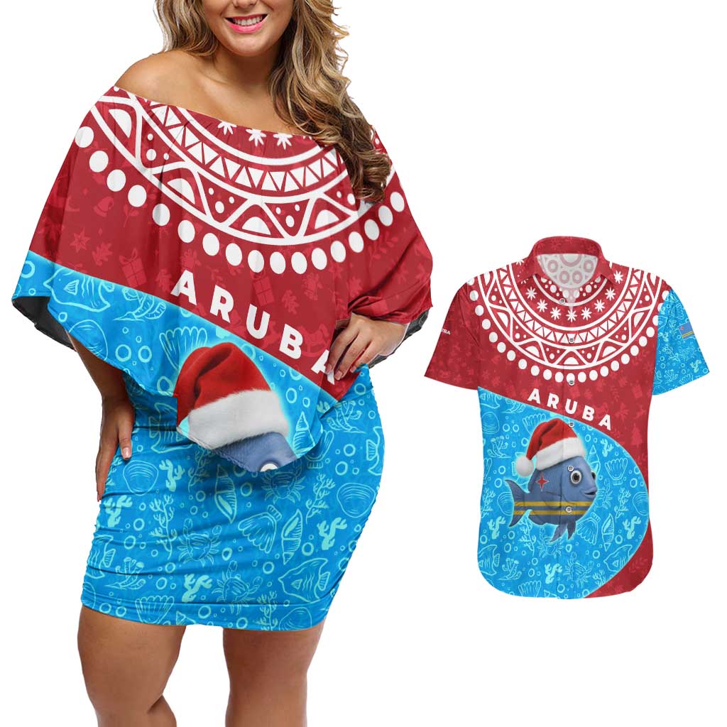 Aruba Christmas Couples Matching Off Shoulder Short Dress and Hawaiian Shirt with Santa Fish Aruba Flag Ocean Icons and Red Blue Holiday Pattern Design - Wonder Print Shop