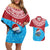 Aruba Christmas Couples Matching Off Shoulder Short Dress and Hawaiian Shirt with Santa Fish Aruba Flag Ocean Icons and Red Blue Holiday Pattern Design - Wonder Print Shop