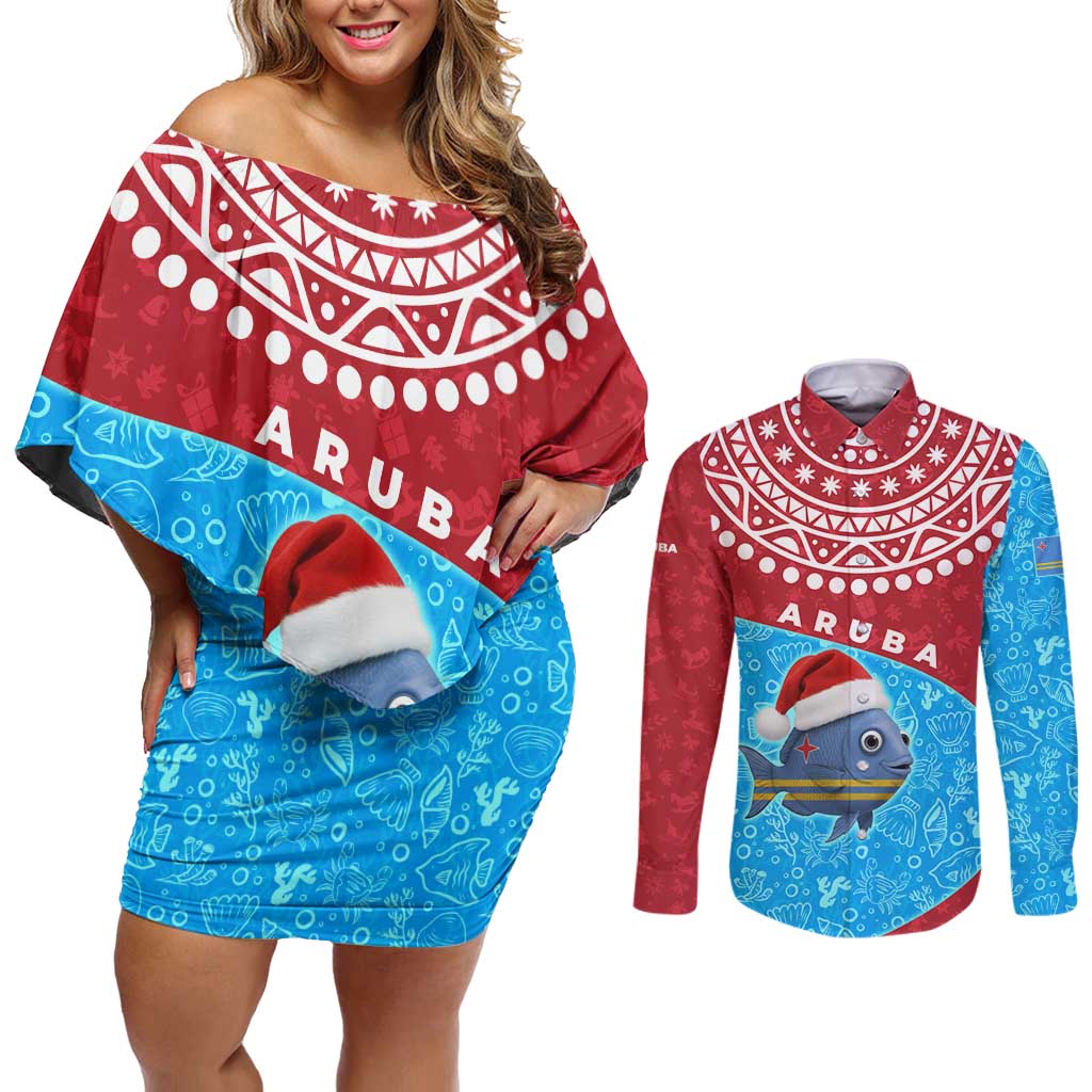 Aruba Christmas Couples Matching Off Shoulder Short Dress and Long Sleeve Button Shirt with Santa Fish Aruba Flag Ocean Icons and Red Blue Holiday Pattern Design - Wonder Print Shop