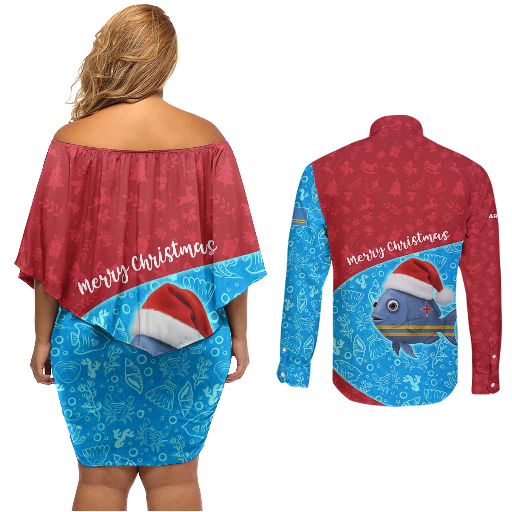 Aruba Christmas Couples Matching Off Shoulder Short Dress and Long Sleeve Button Shirt with Santa Fish Aruba Flag Ocean Icons and Red Blue Holiday Pattern Design - Wonder Print Shop