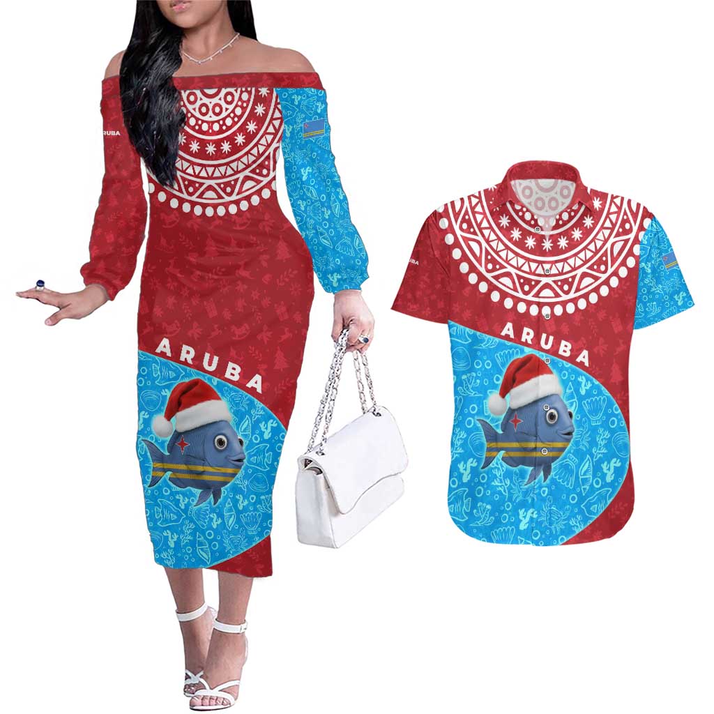 Aruba Christmas Couples Matching Off The Shoulder Long Sleeve Dress and Hawaiian Shirt with Santa Fish Aruba Flag Ocean Icons and Red Blue Holiday Pattern Design - Wonder Print Shop