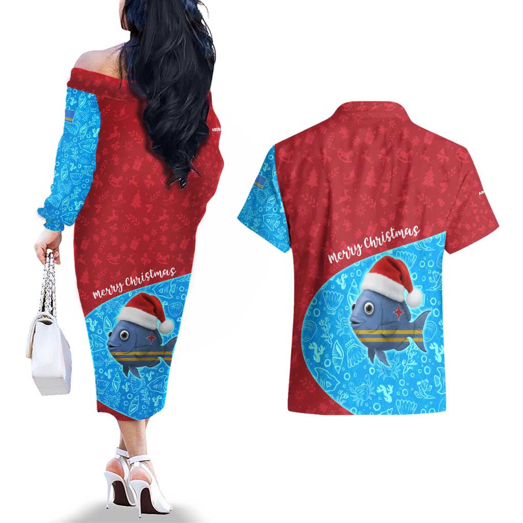 Aruba Christmas Couples Matching Off The Shoulder Long Sleeve Dress and Hawaiian Shirt with Santa Fish Aruba Flag Ocean Icons and Red Blue Holiday Pattern Design - Wonder Print Shop