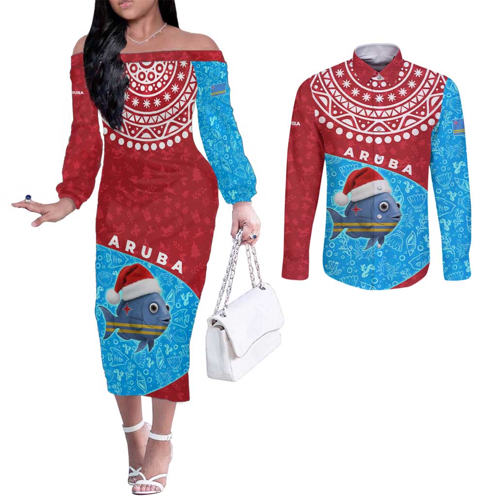 Aruba Christmas Couples Matching Off The Shoulder Long Sleeve Dress and Long Sleeve Button Shirt with Santa Fish Aruba Flag Ocean Icons and Red Blue Holiday Pattern Design - Wonder Print Shop