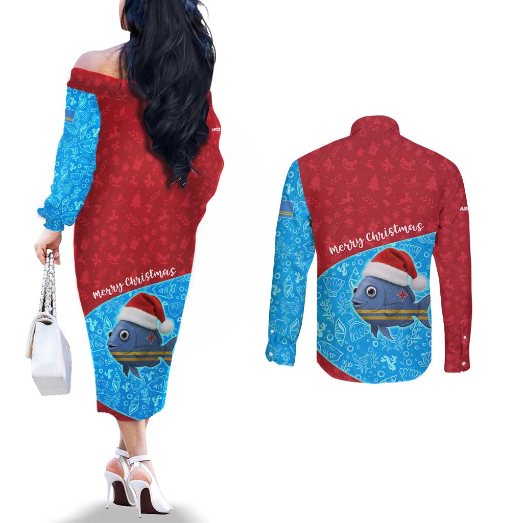 Aruba Christmas Couples Matching Off The Shoulder Long Sleeve Dress and Long Sleeve Button Shirt with Santa Fish Aruba Flag Ocean Icons and Red Blue Holiday Pattern Design - Wonder Print Shop