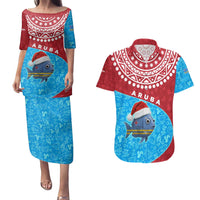 Aruba Christmas Couples Matching Puletasi and Hawaiian Shirt with Santa Fish Aruba Flag Ocean Icons and Red Blue Holiday Pattern Design - Wonder Print Shop