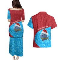 Aruba Christmas Couples Matching Puletasi and Hawaiian Shirt with Santa Fish Aruba Flag Ocean Icons and Red Blue Holiday Pattern Design - Wonder Print Shop