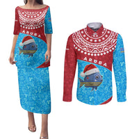 Aruba Christmas Couples Matching Puletasi and Long Sleeve Button Shirt with Santa Fish Aruba Flag Ocean Icons and Red Blue Holiday Pattern Design - Wonder Print Shop