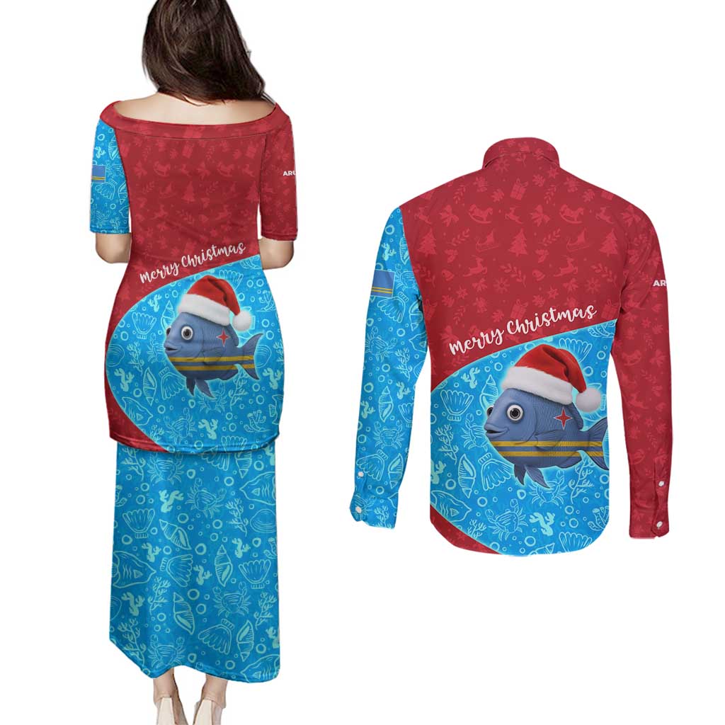 Aruba Christmas Couples Matching Puletasi and Long Sleeve Button Shirt with Santa Fish Aruba Flag Ocean Icons and Red Blue Holiday Pattern Design - Wonder Print Shop
