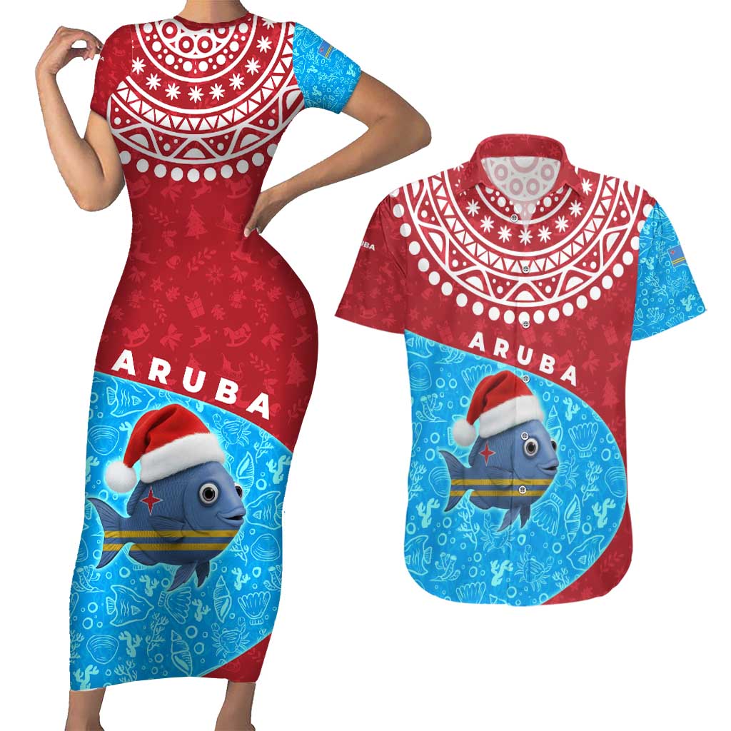 Aruba Christmas Couples Matching Short Sleeve Bodycon Dress and Hawaiian Shirt with Santa Fish Aruba Flag Ocean Icons and Red Blue Holiday Pattern Design - Wonder Print Shop