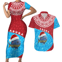Aruba Christmas Couples Matching Short Sleeve Bodycon Dress and Hawaiian Shirt with Santa Fish Aruba Flag Ocean Icons and Red Blue Holiday Pattern Design - Wonder Print Shop