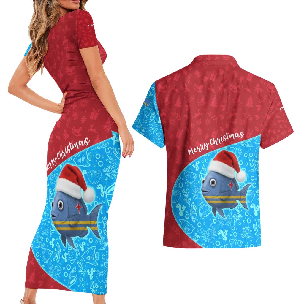 Aruba Christmas Couples Matching Short Sleeve Bodycon Dress and Hawaiian Shirt with Santa Fish Aruba Flag Ocean Icons and Red Blue Holiday Pattern Design - Wonder Print Shop