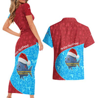 Aruba Christmas Couples Matching Short Sleeve Bodycon Dress and Hawaiian Shirt with Santa Fish Aruba Flag Ocean Icons and Red Blue Holiday Pattern Design - Wonder Print Shop