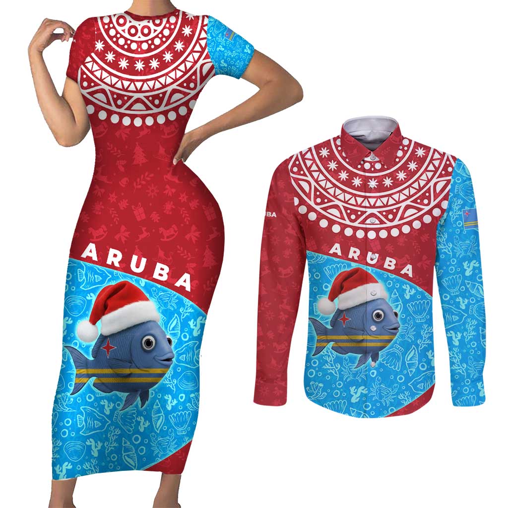 Aruba Christmas Couples Matching Short Sleeve Bodycon Dress and Long Sleeve Button Shirt with Santa Fish Aruba Flag Ocean Icons and Red Blue Holiday Pattern Design - Wonder Print Shop